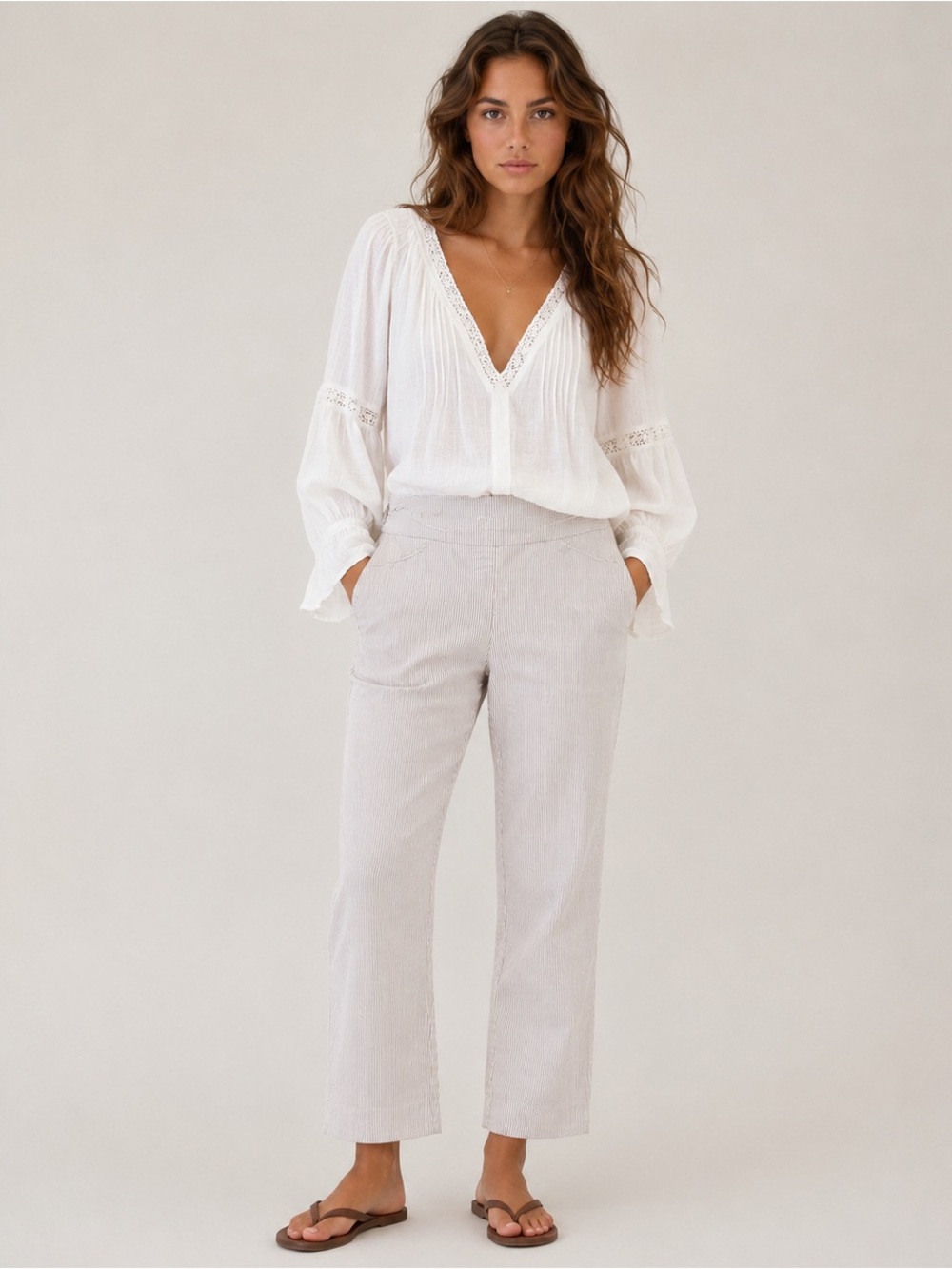 Zac & Rachel Striped Stretchy Coastal Summer Neutral Straight Leg Pants 6